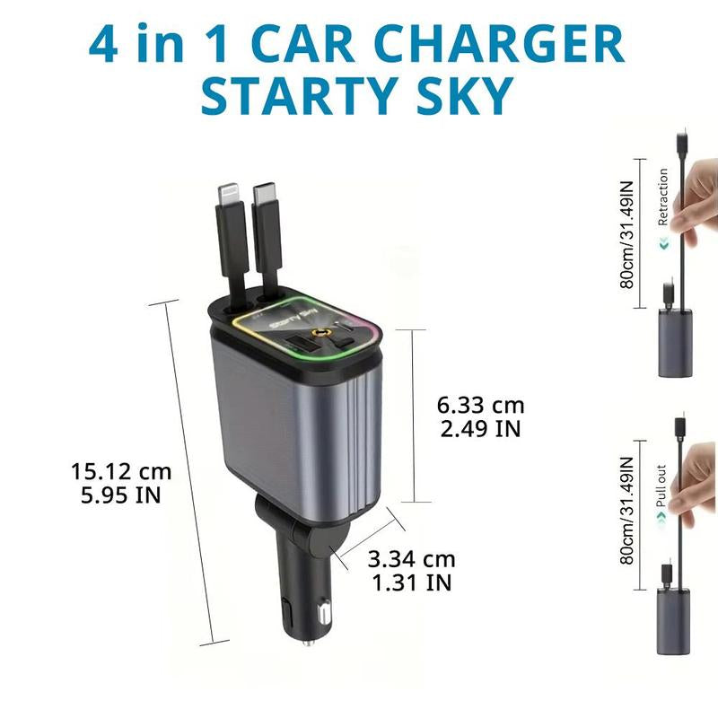 Decorative Light with 4 in 1 Retractable Car Charger Adapter, Starry Sky Light with 66W Fast Charging Car Charger, USB & Type C Ports Car Charger Compatible with Iphone & Android