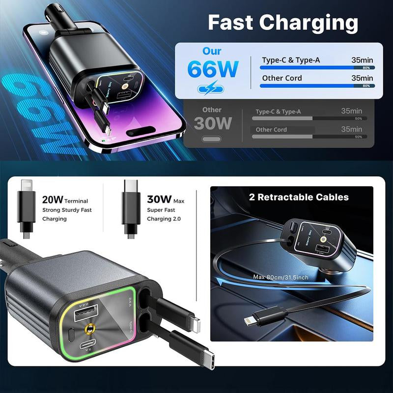 Decorative Light with 4 in 1 Retractable Car Charger Adapter, Starry Sky Light with 66W Fast Charging Car Charger, USB & Type C Ports Car Charger Compatible with Iphone & Android