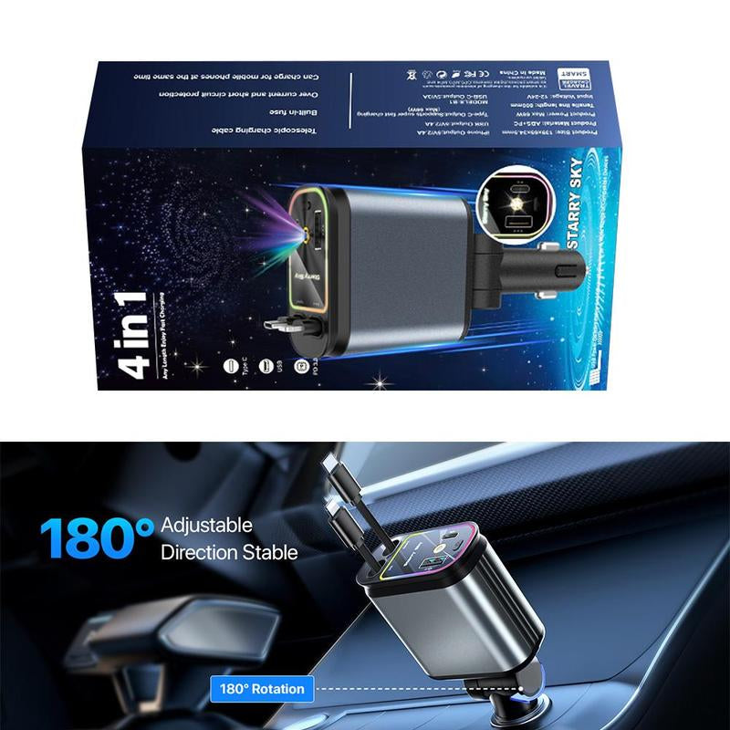 Decorative Light with 4 in 1 Retractable Car Charger Adapter, Starry Sky Light with 66W Fast Charging Car Charger, USB & Type C Ports Car Charger Compatible with Iphone & Android